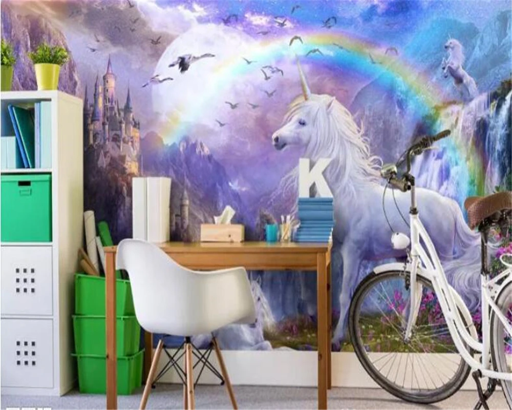 

Custom wallpaper 3d mural hillside castle waterfall rainbow bridge white horse children's room papier peint background wallpaper