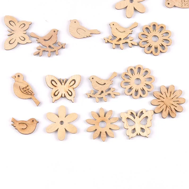 50pcs 22-30mm Natural Wood Crafts Butterflies and birds DIY Scrapbooking For Wooden Ornament Home Decoration m2504