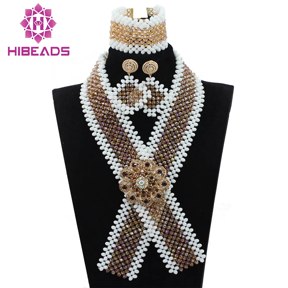 

Unique Desgin Champagne And White Crystal Nigerian African Wedding Bridal/Women Beads Necklace Jewelry Set Free ShippingABH120