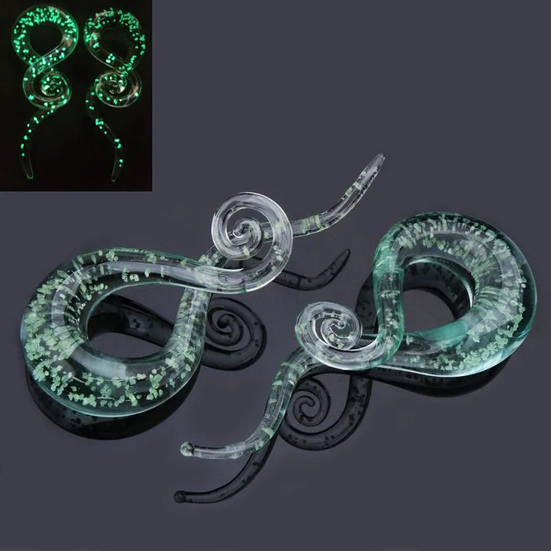 1 Pair Glass Ear Spiral Taper Gauge and Tunnels Earring Green Glass Glow in Dark Gauges Expander Stretcher Plugs Piercing Body