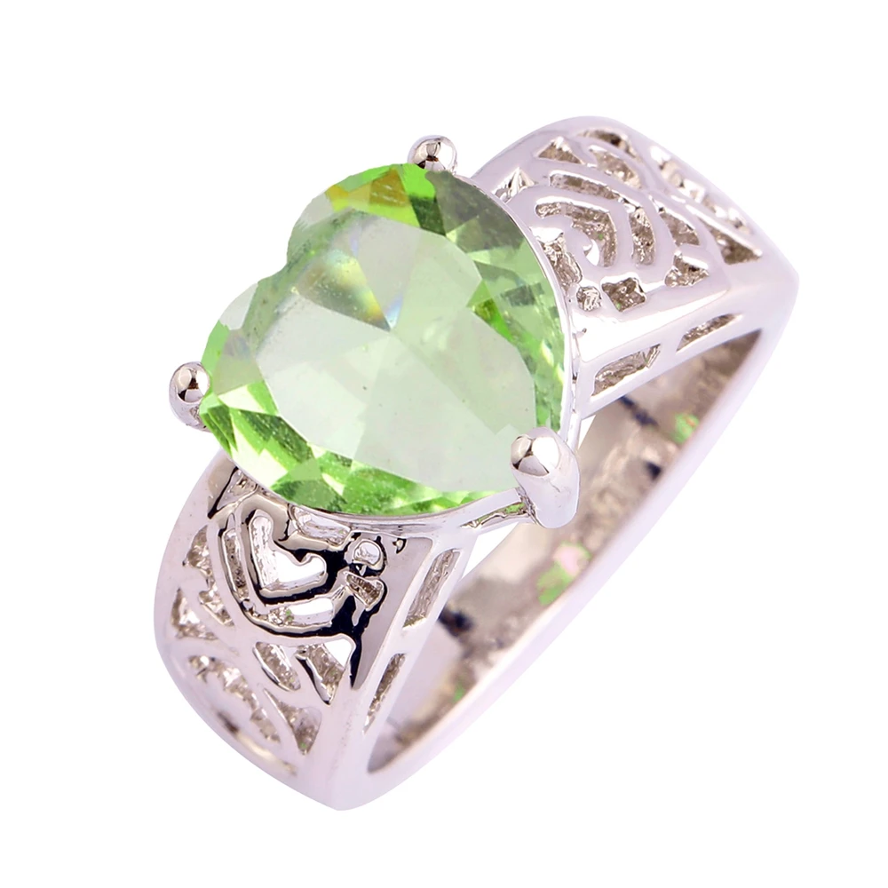 CiNily Green Stone Silver Ring Heart Cocktail Party Fully-Jewelled Female Gift Size 6 8 9 10 11 12