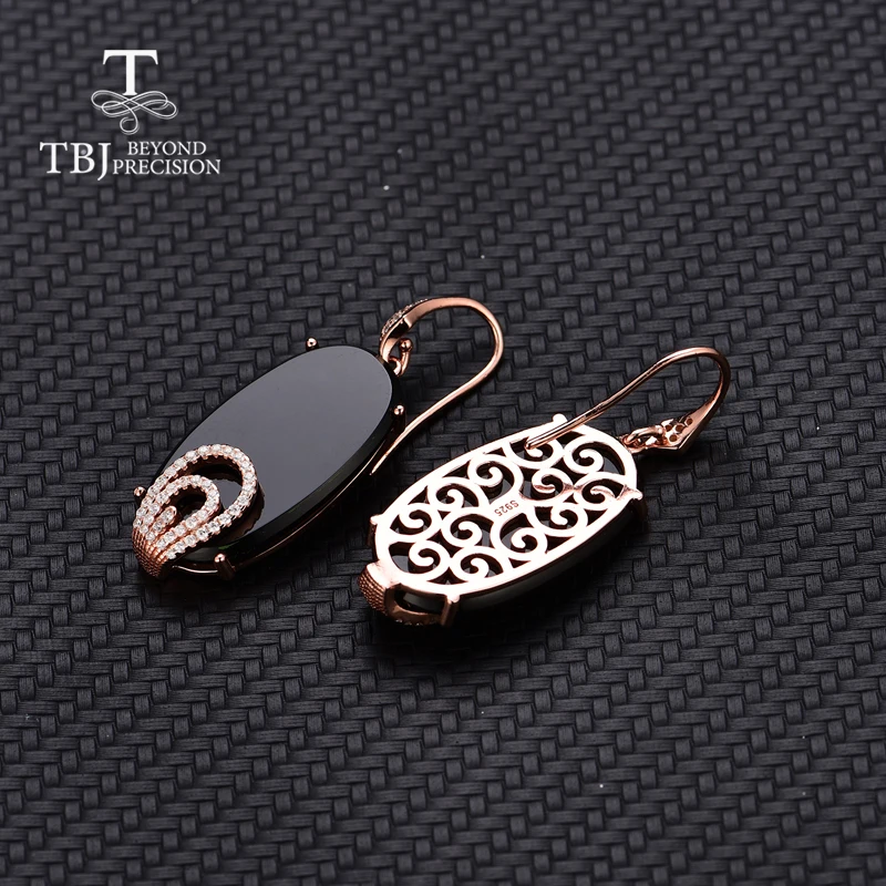 TBJ, vogue hook long earring 26.4ct natural black agate onyx 925 sterling silver rose gold gemstone earring for lady gift