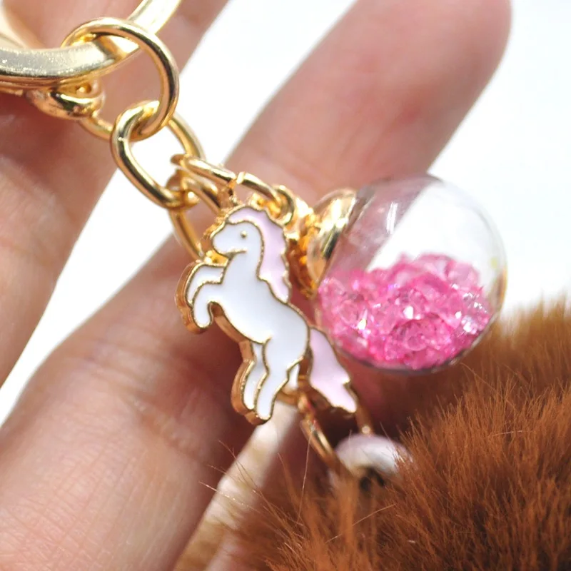 Fluffy Fur Pompom Ball Unicorn Keychain Female Crystal Charm Pompon Key Chain For Women Car Bag Trinket Party Gift