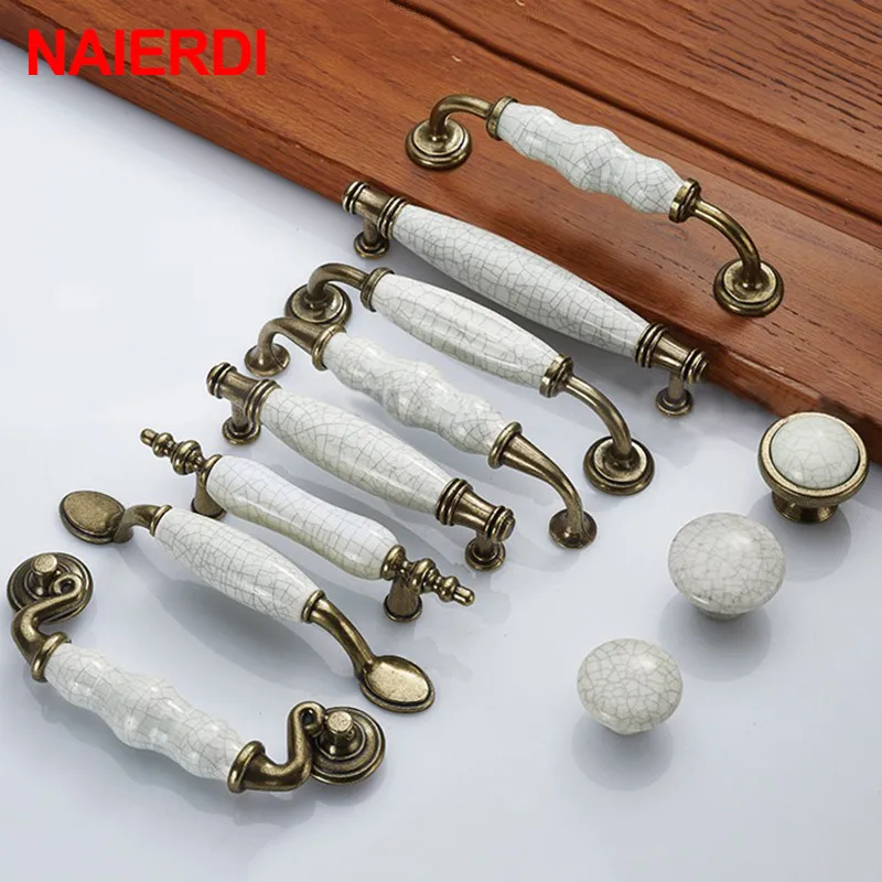 NAIERDI Zinc Alloy Antique Bronze Crack Design Ceramic Cabinet Handles Drawer Knobs Wardrobe Door Handle European Furniture