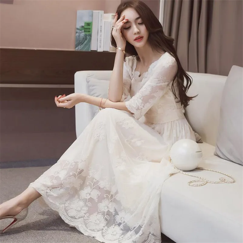 

Spring Summer Women's Lace Dresses Floral Crochet Hollow Out Vestido casual A-line Slim Party Dress q297