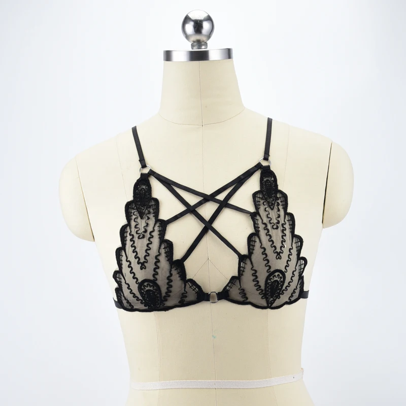 Black Lace Harness Women's Fetish Cage Bra Adjustable Harness Bra Crop Top Bondage 90's Erotic Lingerie Cupless Bra O0486