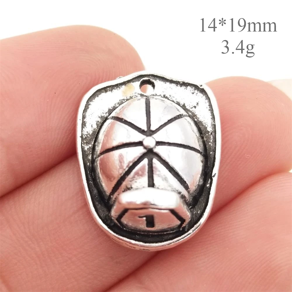 BULK 30pcs Zinc Alloy Metal Fireman Helmet Charms Antique Silver Plated Firefighter Pendants for DIY Jewelry Making 14*19mm 3.4g