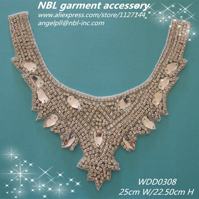 

crystal beaded rhinestone applique neckline collar trim for dress WDD0308