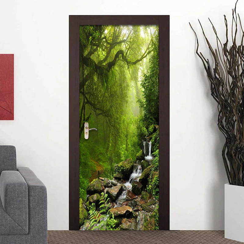 PVC Self-Adhesive Waterproof Door Sticker 3D Forest Landscape Photo Wallpaper Living Room Bathroom Home Decor Wall Paper For 3 D