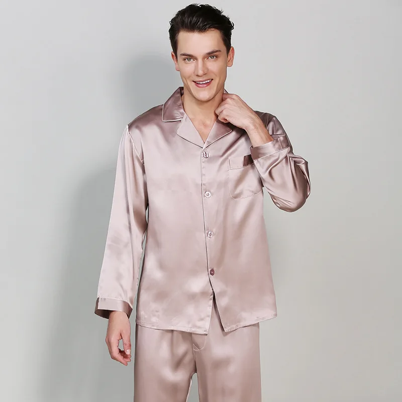 Man\'s Long Sleeve Genuine Silk Pajamas 19MM Heavy Silk Pyjama Sets 100% Silkworm Silk Sleepwear Male Solid Color T9002-ZB