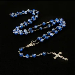 8mm Color Rose Beads Rosary Pendant Necklace Alloy Cross Virgin Mary Center Accessories Christian Catholic Religious Jewelry