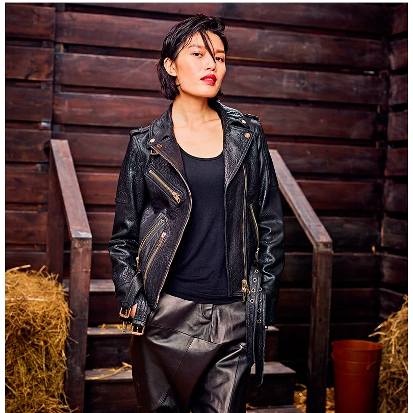 Women's Leather Jacket Short Paragraph Slim  SheepSkin Motorcycle Jacket