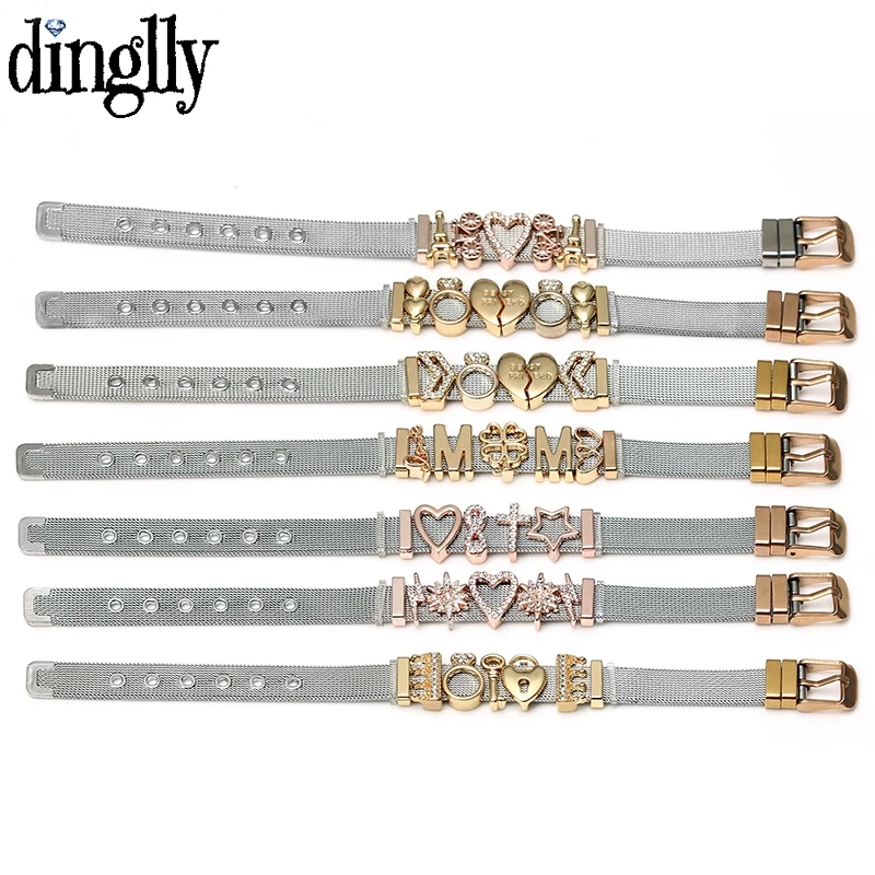 DINGLLY-Bracelets en maille d\'acier inoxydable bicolore pour femmes et hommes, coeur d\'amour doré, bracelet en maille de ruban perlé, cadeaux de