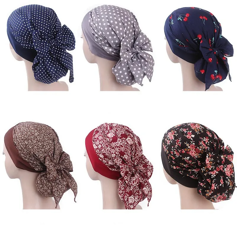 Muslim Women Elastic Print Cotton Turban Hat Scarves Pre-Tied Cancer Chemo Beanies Headwear Head Wrap Plated Hair Accessories