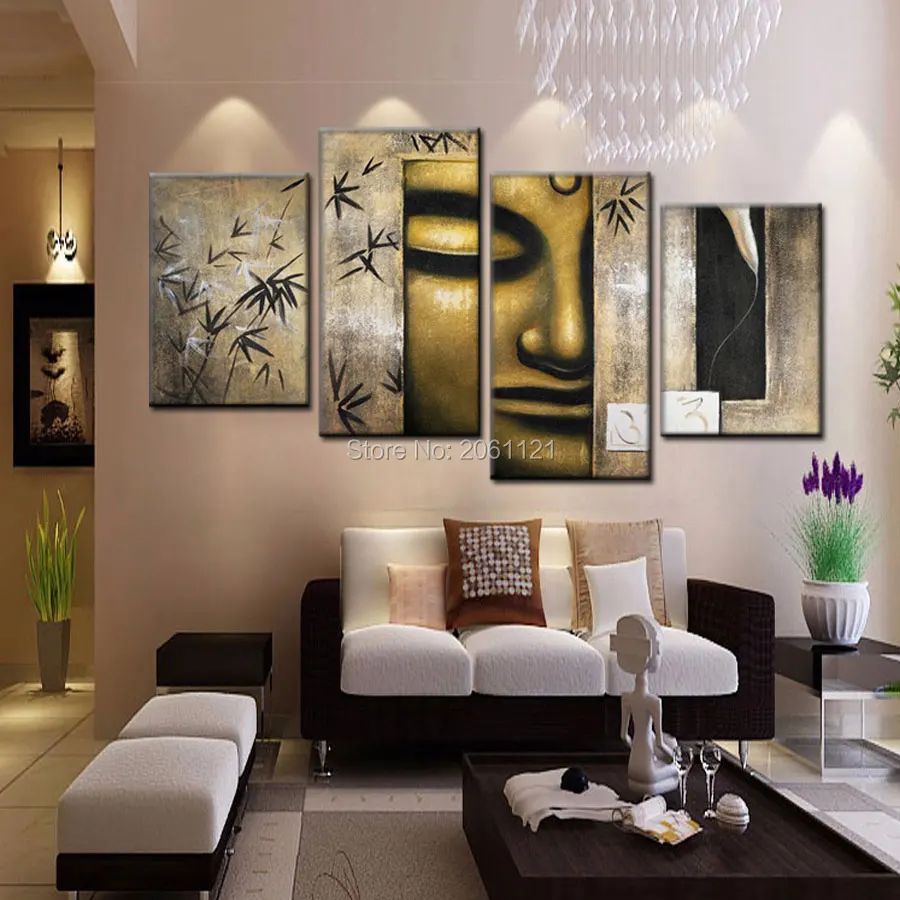 

Handmade cheap Large Modern Abstract bronze Buddha Painting Canvas Oil Wall Art buda Portrait Home Decoration 4 Pcs Set Picture