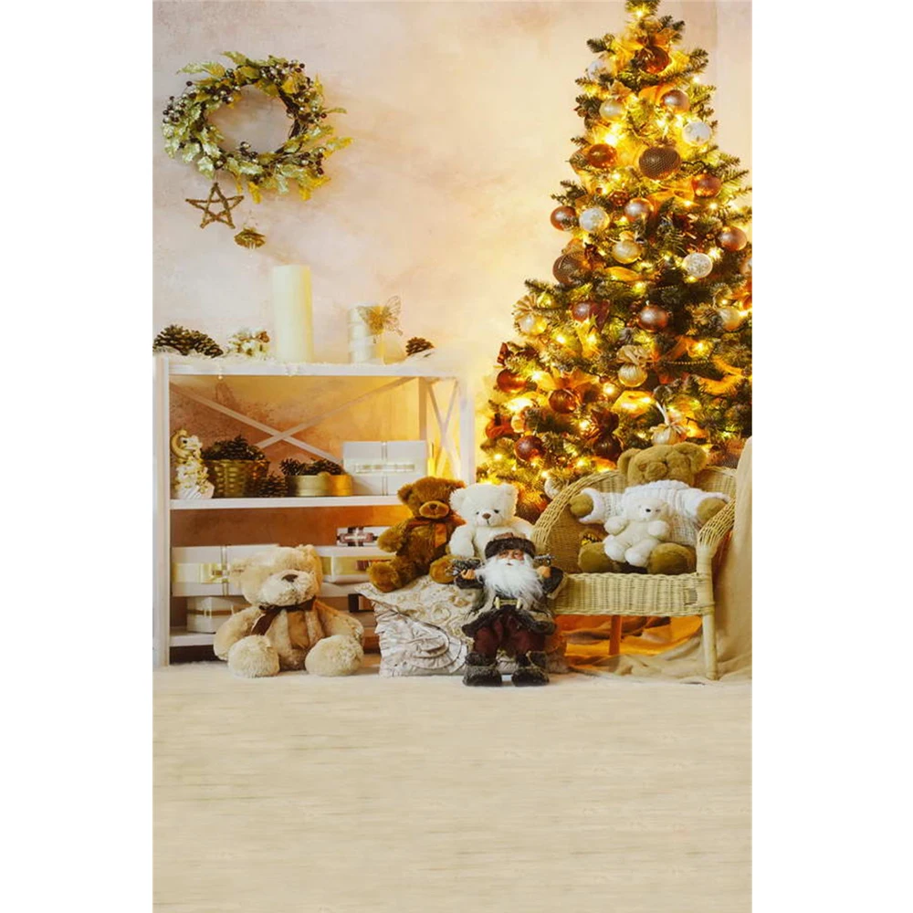 

Home Xmas Party Background Printed Garland Star Candles Presents Decorated Christmas Tree Toy Bear Baby Kids Photo Backdrops