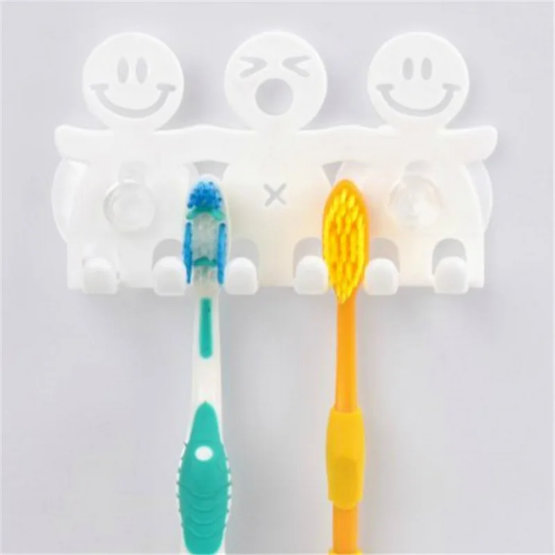 Cute Smile Design Suction Hooks 5 Position Tooth Brush Holder Bathroom Set White Cartoon Sucker Toothbrush Holder for Home Decor