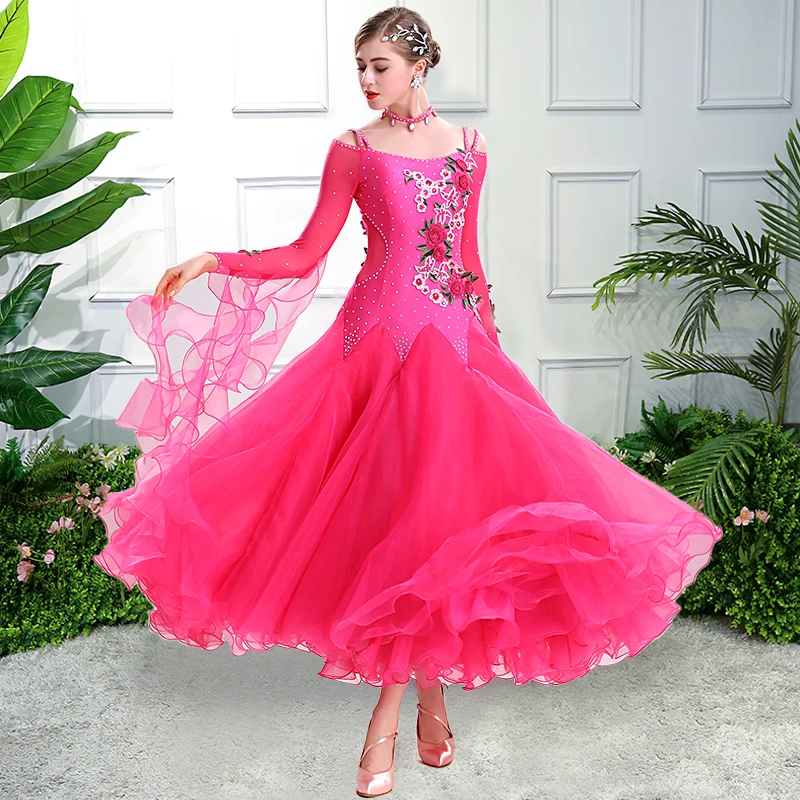 ผู้หญิง V-กลับสีชมพู Ballroom Dress มาตรฐาน Plus ขนาดบอลรูมเต้นรำเครื่องแต่งกายวอลทซ์เวียนนาชุด Foxtrot เต้นรำ Quickstep