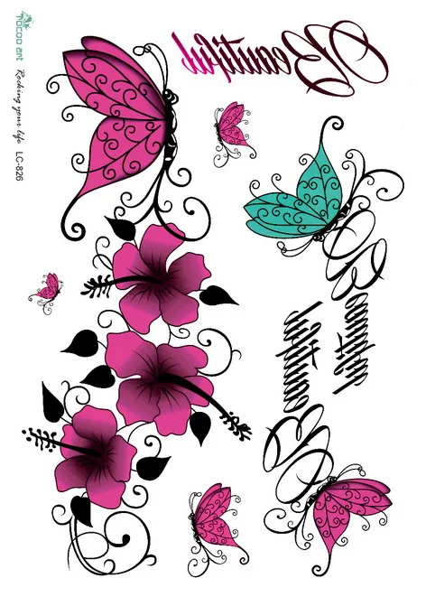 Rocooart Vivid Butterfly Fake Tattoo Pink Flowers Taty For Women Tatouage Body Art Temporary Tattoo Stickers Lettering Tatuajes