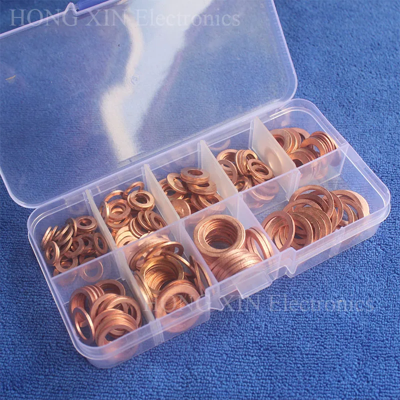 

200pcs 9 Sizes Copper Washer Gasket Set Flat Ring Seal Kit Set with Plastic Box M5/M6/M8/M10/M12/M14 For Generators Machinery