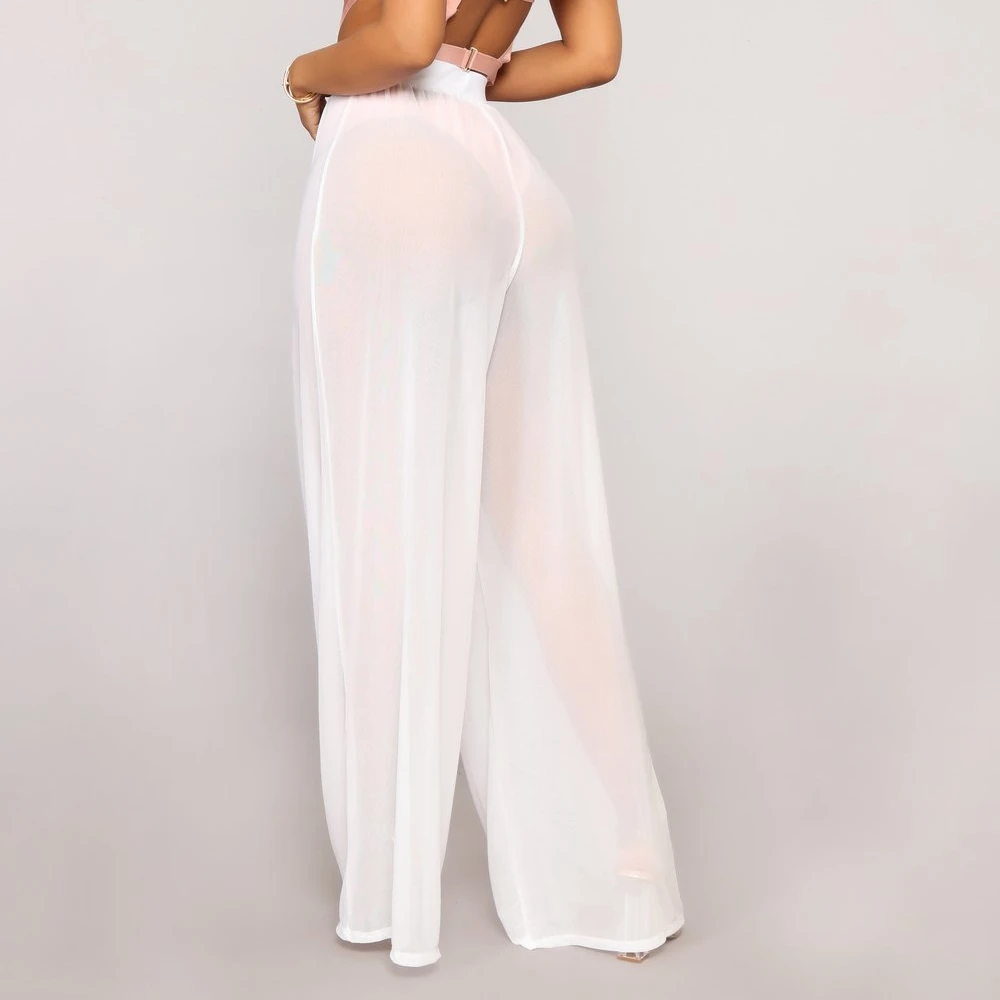 Women See Through Boho Wide Leg High Waist Trousers Beach Long Loose Mesh Sheer Pants Hot