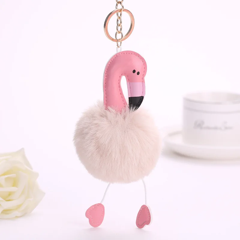 DIEZI Cute Fluffy Flamingo Keychain Rabbit Key Chain Women Fur Bag Charms Keyrings Pom Pom Car Pendant Key Ring Holder Jewelry