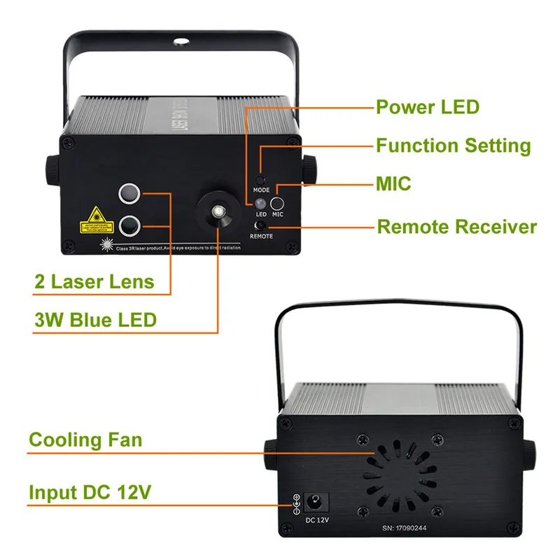 Sharelife – Mini Gobos avec télécommande Laser LED bleu, éclairage de scène L24RG, 24 couleurs, rouge et vert