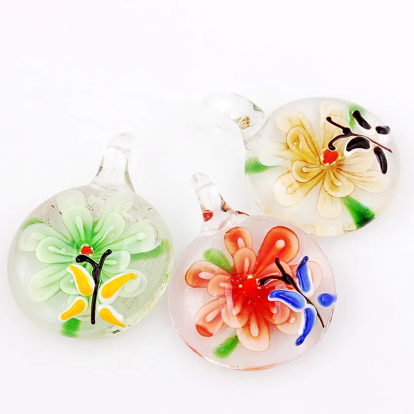 Qianbei Wholesale 6pcs Handmade Murano Lampwork Glass Mix Color Round Insect Flower Pendant Fit Necklace Jewelry G