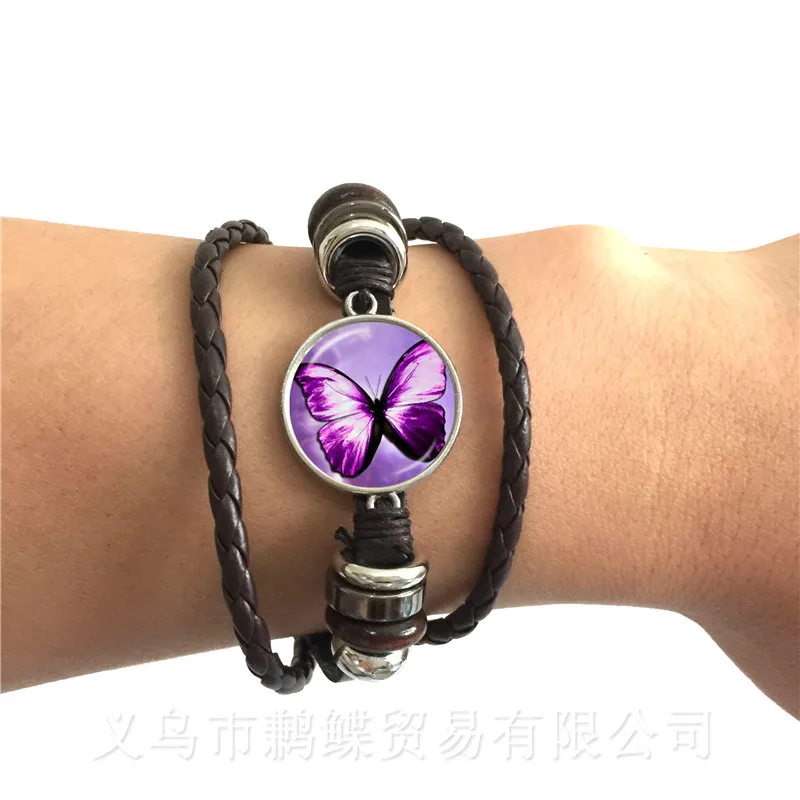 New Beautiful Purple Butterfly Bracelet Art Picture 20mm Glass Cabochon Dome Black/Brown 2 Color Leather Cords Adjustable Bangle