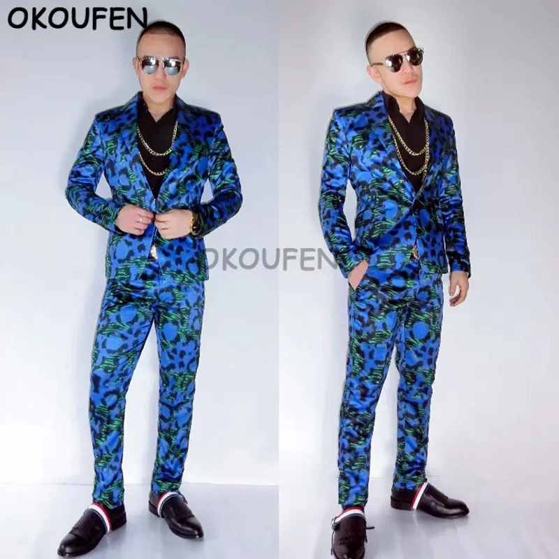 

Personality Nightclub Male singer DJ dancer Blue Flower Suits Costumes Men's fashion suits set party show stage wear