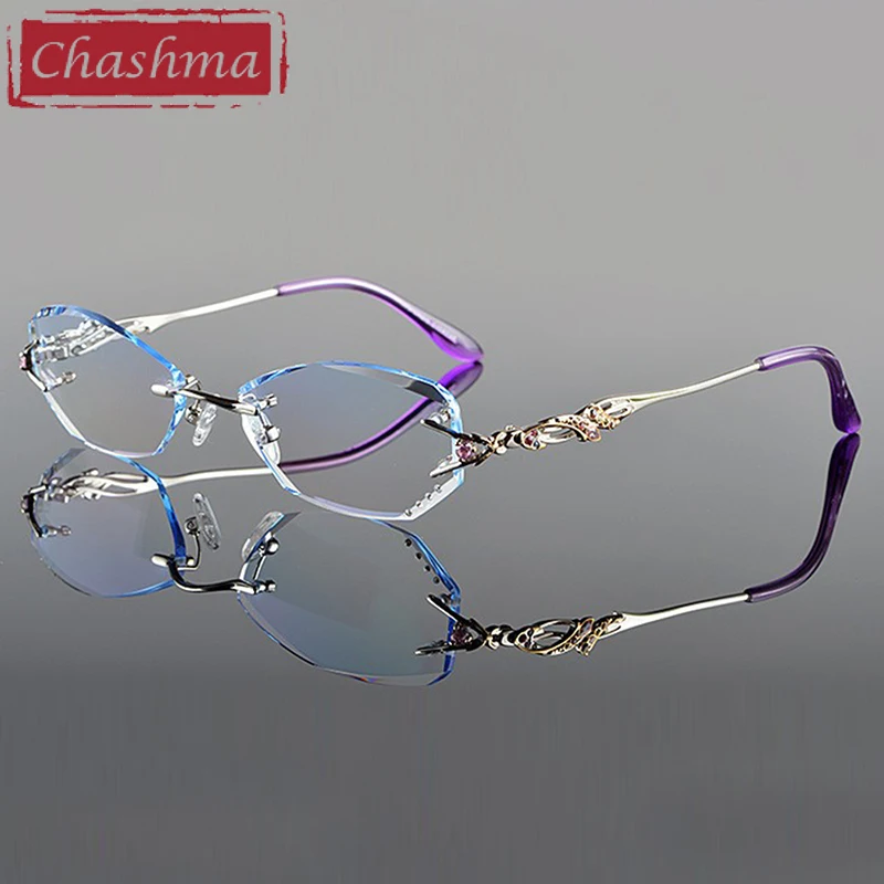 Chashma Luxury Tint Lenses Myopia Glasses Reading Glasses Diamond Cutting Rimless Prescription Glasses for Women