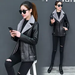 Women's Leather Jacket Turn Collar Thicken Plus Velvet Fur One Moto & Biker Female Jacket Women Winter Jacket Oversize