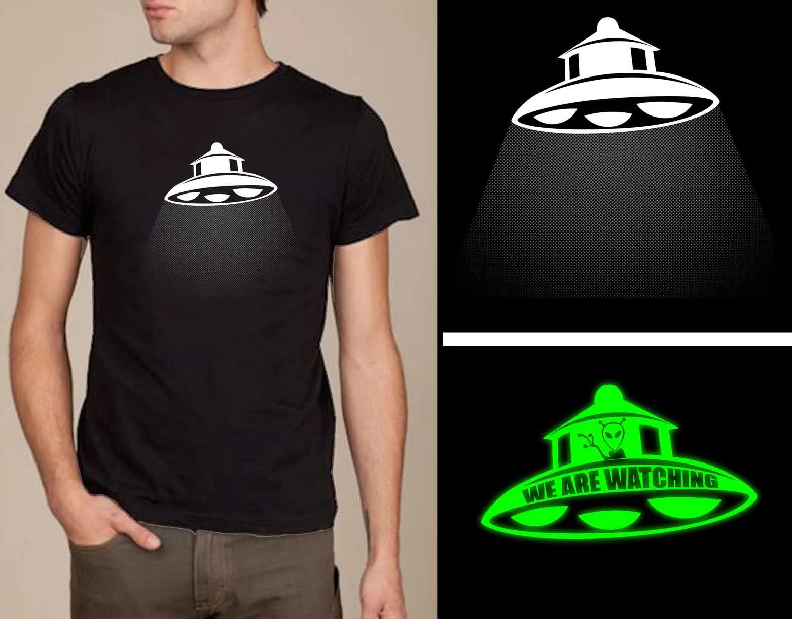 Newest 2018 Men T-Shirt Fashion O-Neck Ufo Alien T-Shirt Glow In The Dark with Hidden Message, Screen Printed.T Shirt Company