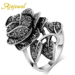 Ajojewel Romantic Big Rose Flower Rings For Women With Rhinestone Antique Jewelry Vintage Gift Items Bijoux