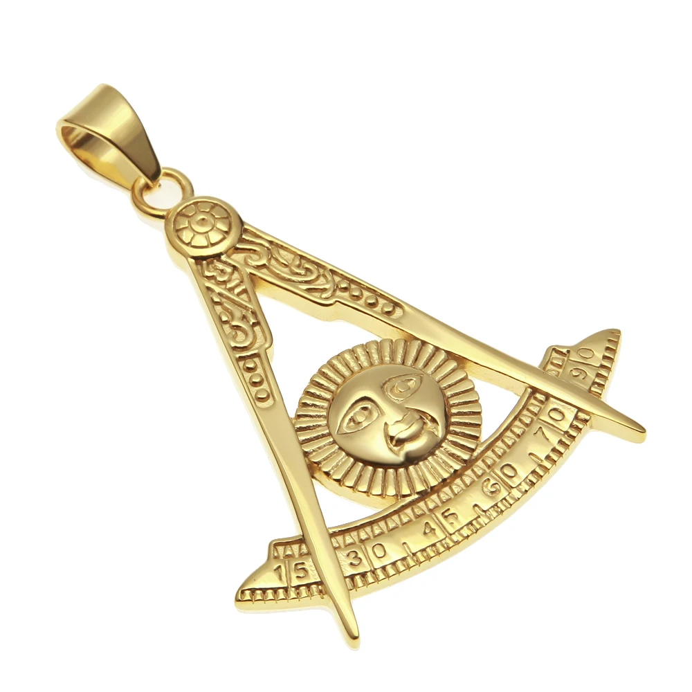 Stainless Steel Mens Gold Plated Past Master with Sun Masonic Pendant Necklace With 5mm 70cm Cuban Chain Regalia Freemas Jewelry