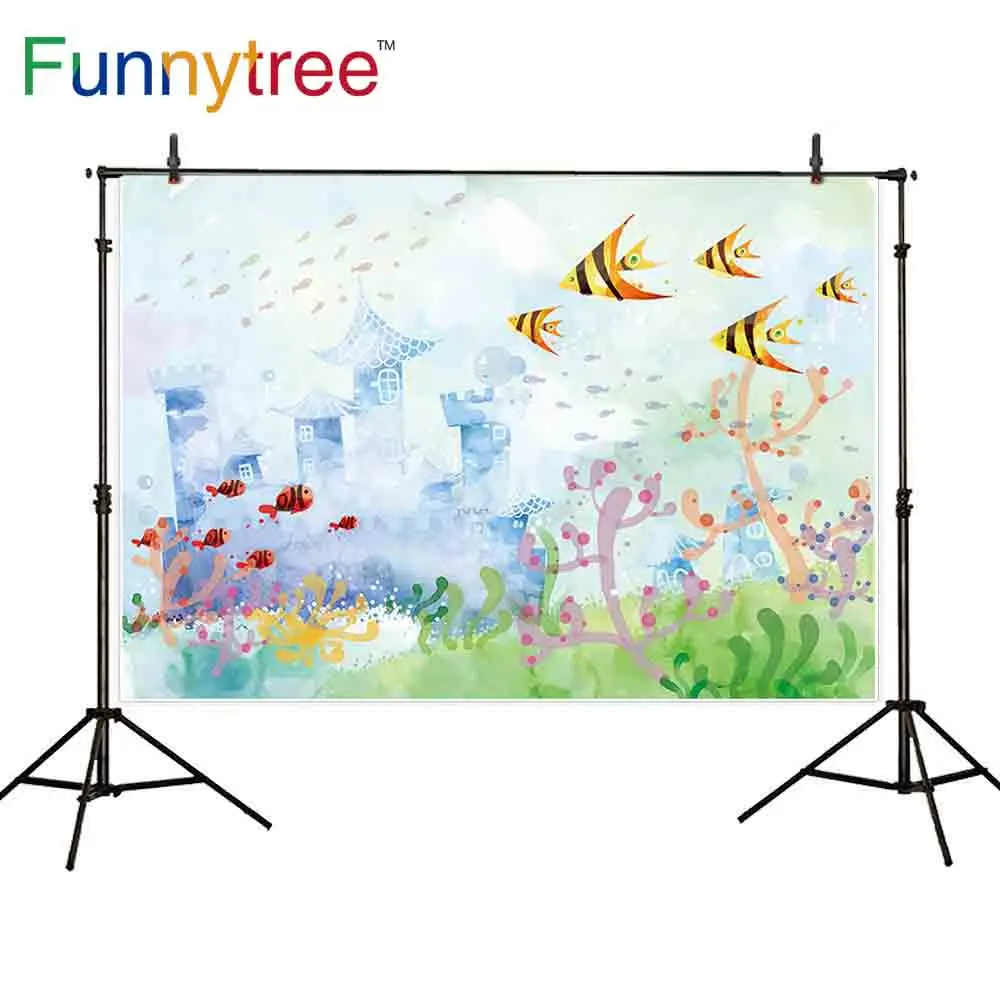 Funnytree background for photo studio castle seabed fish seaweed watercolor art fantasy children backdrop fotografia for photo