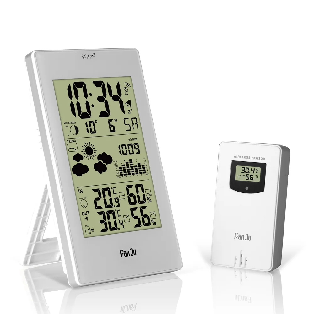 FanJu FJ3352 Weather Station With Barometer Forecast Temperature Humidity Wireless Outdoor Sensor Alarm and Snooze Digital Clock