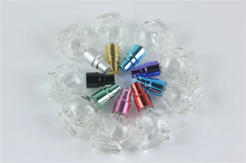 10 قطعة 8 مللي بوضوح الجمجمة شكل مصغرة صغيرة فارغة الزجاج عطر زجاجة عينة زجاجة مع الألومنيوم كاب رذاذ