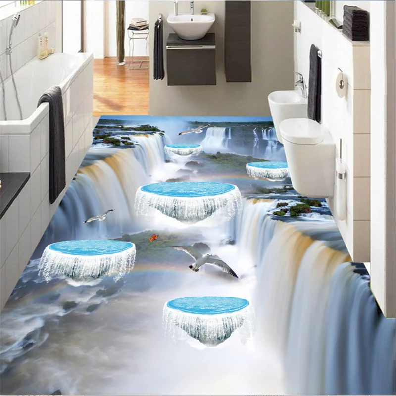 Customized bathroom decoration wallpaper floor Waterfall flowing water birds photo mural non-slip waterproof 3d wallpaper