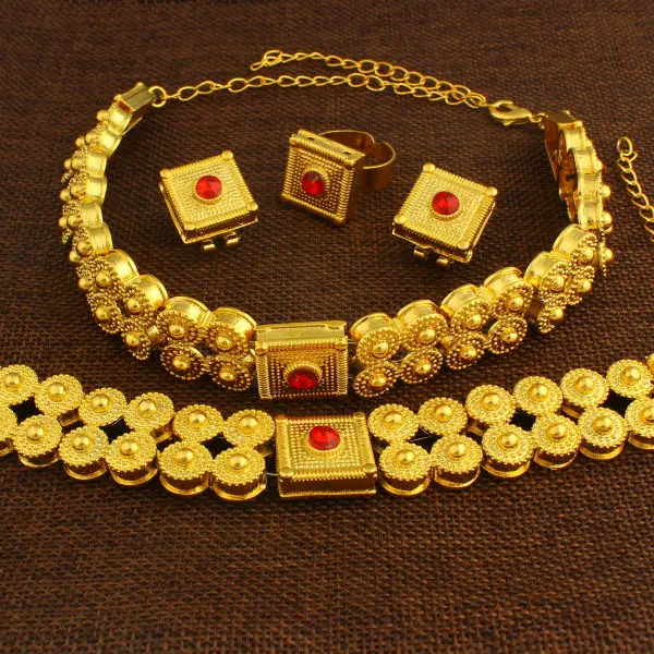 Adixyn New Red Stone Ethiopian Set Jewelry 24K Gold Color Necklace/Earring/Ring/Bracelet Jewellery Set For Eritrea African Women