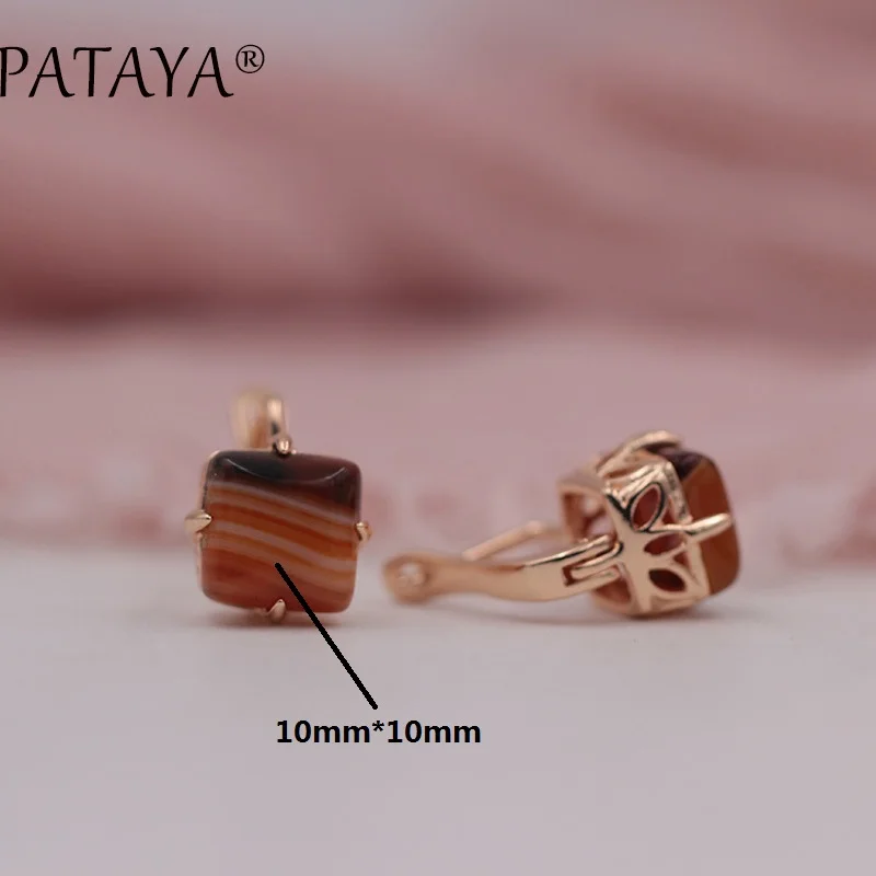 PATAYA New Arrivals Square Stripe Onyx Natural Stone Earrings 585 Rose Gold Color Dangle Earring Women India Jewelry Multicolor