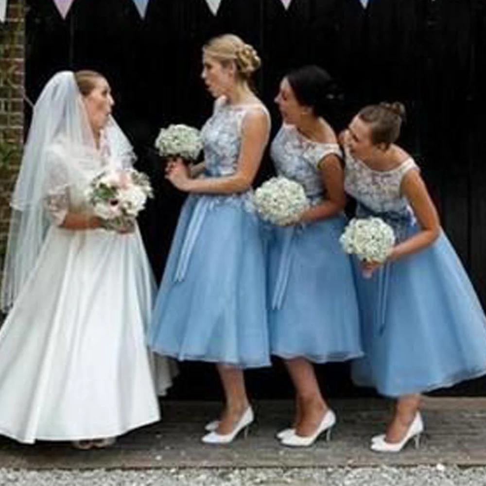 Vestidos para dama de honra, azul, de renda, decote, faixas, tule, comprimento do chá, vestidos para festa de casamento, 2019