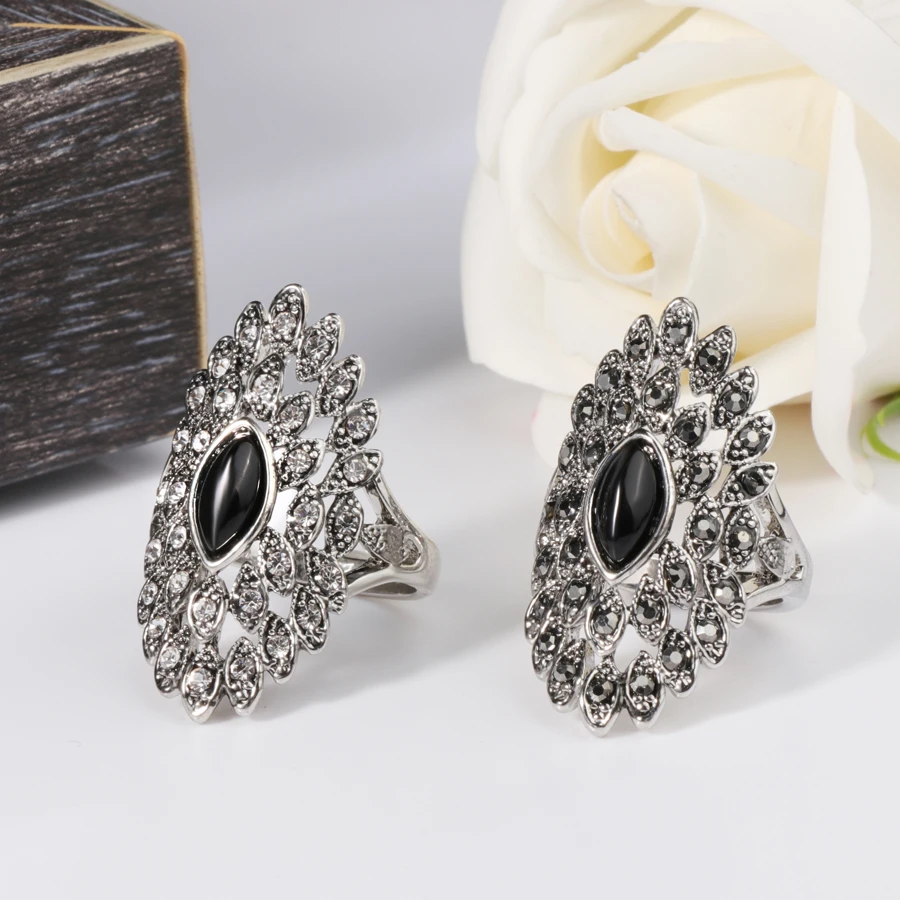 Kinel Unique Vintage Jewelry Gray Crystal Big Rings For Women Ancient Silver Color Punk Ring Female Wedding Party Crystal Gift