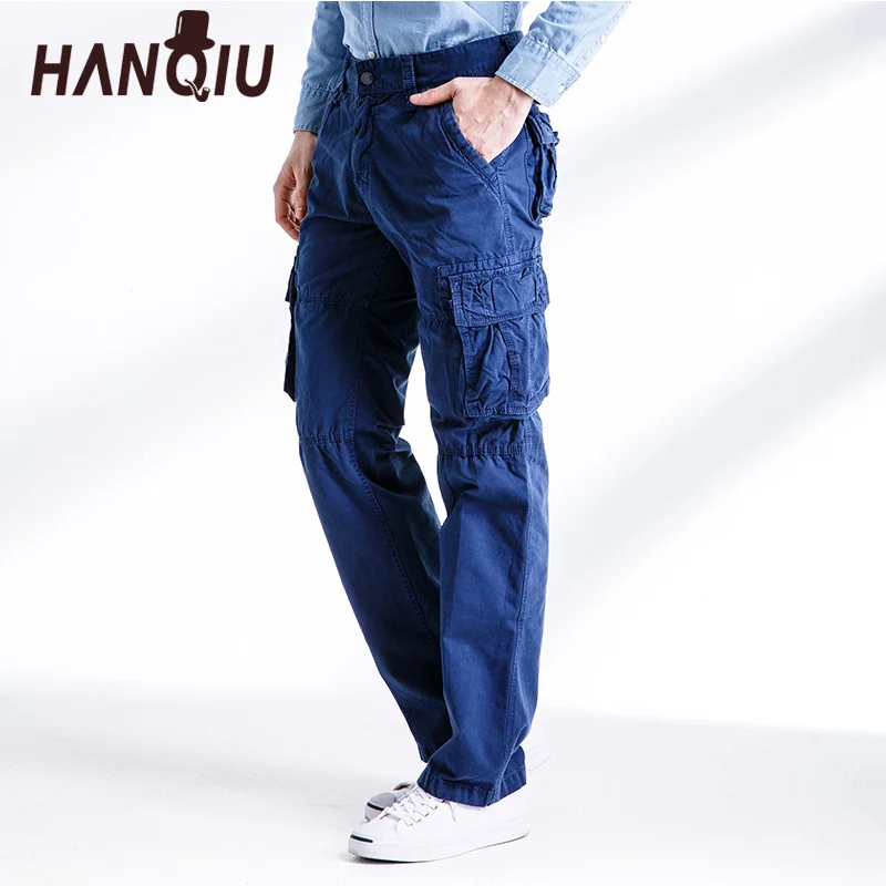 

HANQIU Men Cargo Pants Loose Pure Cotton Multi-Pocket Army Tactical Military Pants Solid Casual Fashion Men Trousers