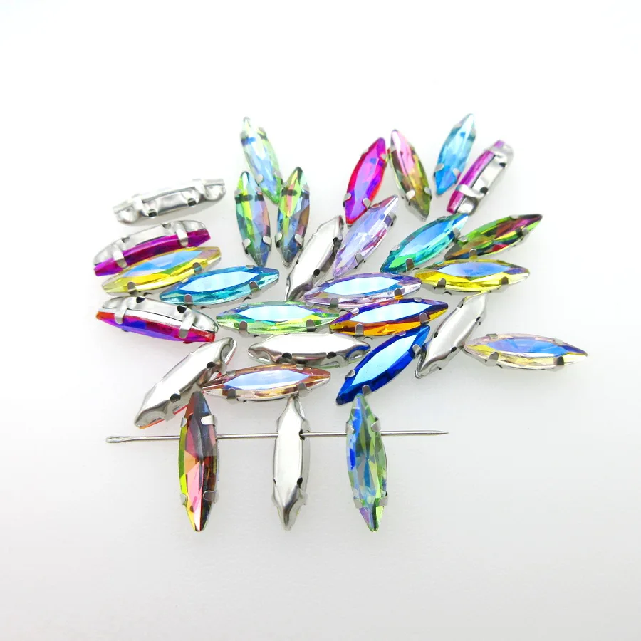 AB Colors Silver claw 4*15mm slim Navette Horse eye shape glass Crystal Sew on rhinestones garments shoes sewing accessories diy