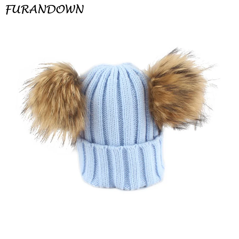 

Two Fur Ball Knitted Hat Kids Winter Cap Skullies Warm Knit Beanies Real Raccoon Fur Pompom Hats For Children