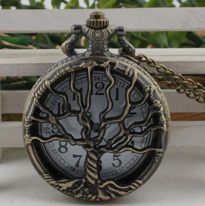 Hollow Tree Pocket Watch with Chain Necklace Retro