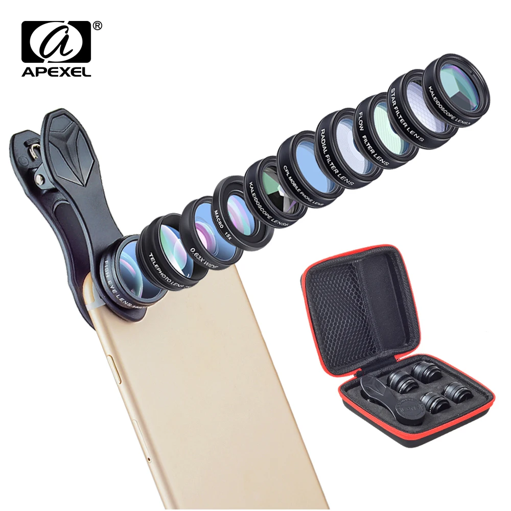 APEXEL 10in1 Phone Camera Lens Kit Fisheye Wide Angle Telescope Macro Mobile Lenses For iPhone Samsung Redmi 7 Huawei Cell Phone