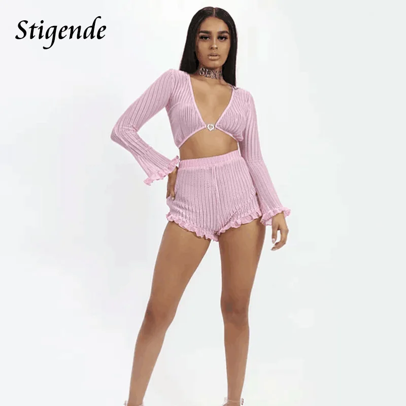 

Stigende Sexy See Through Party Outfits Women Long Sleeve Chiffon Ruffle Two Piece Set Summer Crop Top and Shorts 2 Piece Set