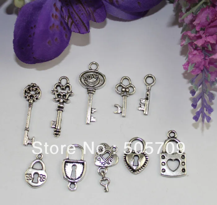 100PCS Mixed Lots of tibetan silver Lock and Key Charms  #22468